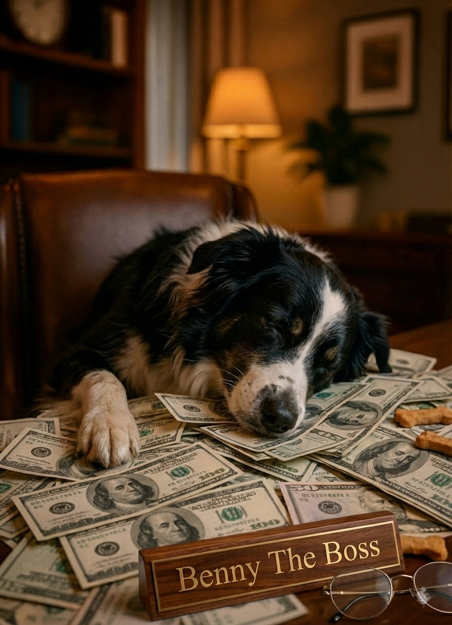 Benny sleeping on money